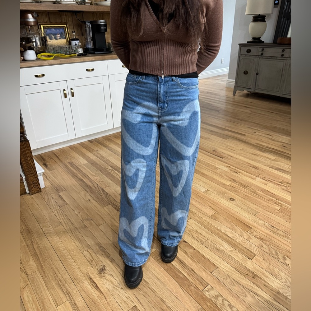 High Waist Heart Print Wide Leg Jeans Size XS Shein